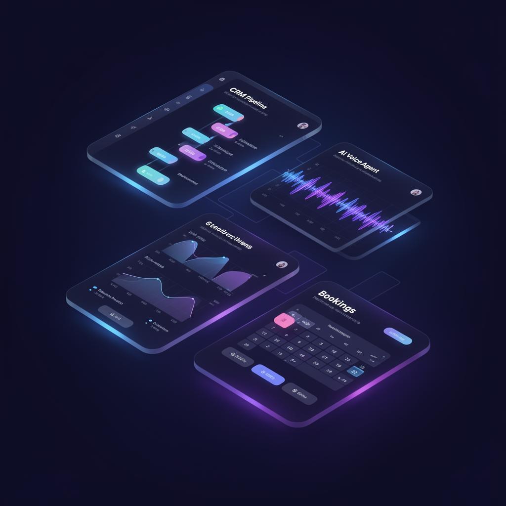 AI business dashboard mockup showing CRM pipeline, AI voice agent, analytics, and bookings